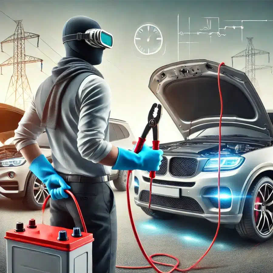 A person wearing safety gloves and goggles, standing next to two cars with hoods open, showing jumper cables connecting the batteries.