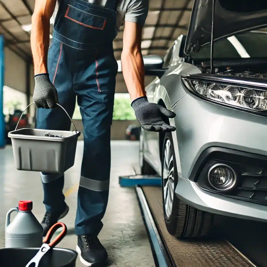 : A mechanic performing regular maintenance on a modern car, ensuring it is in top condition.