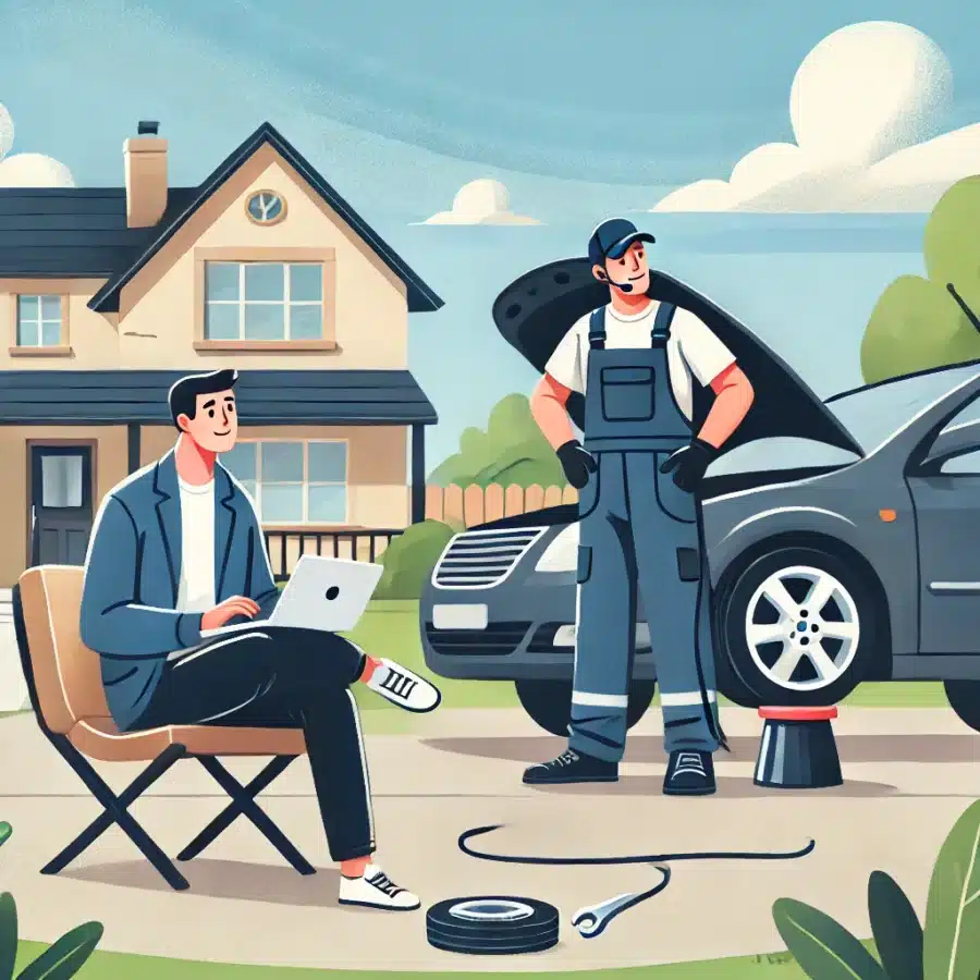 Mobile mechanic from Anyplace Auto Repair working on a car in a customer's driveway, providing convenient on-site vehicle maintenance and repair services.